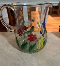 Vintage Hand Painted Glass Pitcher with  Flowers, Butterflies, and a Ladybug  7” picture