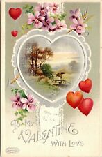 C.1910s Valentines Day WITH LOVE Scenic Town View Heart Inset Postcard 910 picture