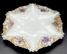 Antique White Milk Glass Star Shaped Trinket Dish, Opalescent Edge, Gold Purple. picture