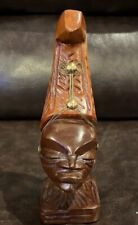 African Carved Wood Woman Sculpture/Head With Metal Jewelry/Two Tone Wood 8” T picture