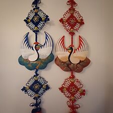 Korean Traditional Wall Decor Blue Red Tassel Swans Hand Sewn Embroidered Pair picture