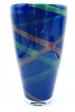 Vintage Soholm Danmark Tall Blue Glass Vase with Cross Ribbon Accents HEAVY picture