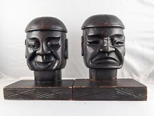 Vintage Wooden Bookends Happy/Sad Faces Bali Asian Hand Carved picture