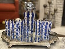 Vintage MCM 1950s Blue and WhiteDiamonds Cocktail Shaker & Glasses picture