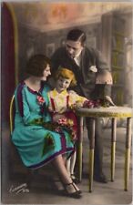 c1910s French Tinted Photo RPPC Greetings Postcard Family Scene 