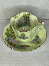 Aynsley “Birch Trees & Pathway” Square Scalloped Green Footed Tea Cup Set (B1) picture