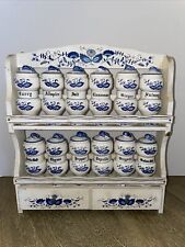 Vintage Blue Onion 12 Spice Porcelain Jars w/ 2 Drawer Wood Rack Japan picture
