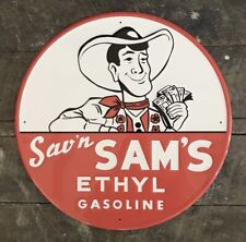 SAV'N SAM'S Ethyl Gasoline Embossed Metal Sign, 17” Diameter picture