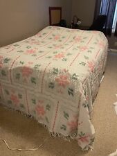 Vintage Chenille Bedspread Off White W/ Pink Flowers Full Size 104” X 92” As Is picture