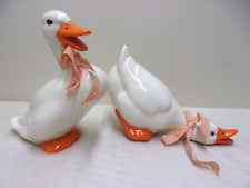 2 Large Vintage Ceramic Gandering Hissing Ducks Shelf Sitter Figurines 1970s picture