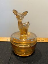 Vintage Jeanette Marigold Iridescent Glass Fawn Deer Powder Jar picture