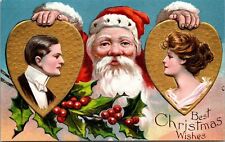 Christmas~Romantic Santa Claus with Couple in Hearts~Antique Xmas~Postcard-d784 picture