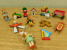 Vintage 13 Piece Wooden Christmas Ornament Lot Teddy Bear Wagon Teapot Sled Harp picture