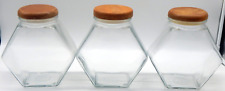 Vintage Set of (3) Clear Glass Hexagon Shape Candy/Storage Jar With Wood Lids picture