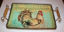 Susan Winget Tin Tray -Wood Handles Rooster Image Print Blue,Green,Cream Country picture