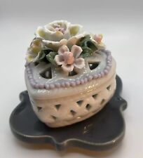 Vintage Porcelain Heart Shaped Trinket Box & Lid Capodimonte (?) Flowers Perfect picture