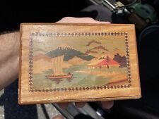 Japanese Inlaid Wooden Puzzle Box Mt. Fuji Scene Floral Marquetry Japan 1950s picture