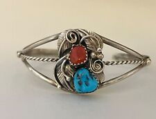 VTG Annabelle Peterson NAVAJO SIGNED AP Sterling TURQUOISE CORAL Cuff Bracelet picture