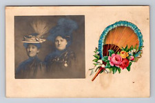 c1907-1908 RPPC Postcard Two Women in Large Plumed Hats Embossed Bouquet picture