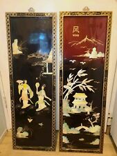 (2) Vintage Mother Of Pearl Art Wall Hangings Black Lacquer 36×12