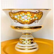 Bohemian Czech Art Glass Lrg Pedestal Bowl-Gold w/ Handpainted Flowers  picture