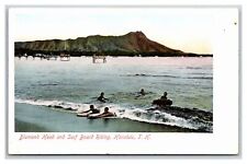 Honolulu HI Diamond Head, Surf Board Riding Old Postcard; 1905c Crisp picture