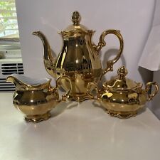 Vintage JKW Dec. Karlsbad W Germany Gold Coffee/Tea Pot With Sugar & Creamer picture