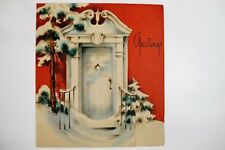 Vintage Hallmark Mid Century Die-Cut Christmas Card- Front Door Snow- Pine Trees picture