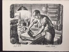 VIKTOR STRETTI SIGNED LITHOGRAPH SHOWING AN IMAGE OF A LITHOGRAPHER AT WORK 1950 picture