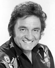 Johnny Cash smiling portrait wearing 1976 Bicentennial black shirt 8x10 photo picture