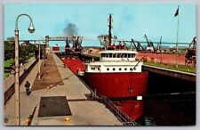 Soo Locks Sault Ste Marie Michigan Upper Peninsula Ship Dock Vintage Postcard picture