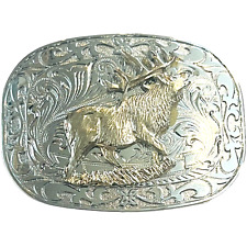 Western Belt Buckle with Elk - Silver Color - 3 3/4