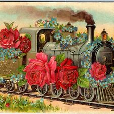 c1900s NICE Train Locomotive Birthday Greetings Postcard Embossed Gold Steam A83 picture