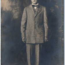 c1910s Handsome Young Man RPPC Gray Suit Portrait Standing Guy Gentleman A255 picture
