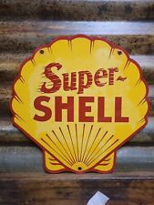 VINTAGE SUPER SHELL PORCELAIN SIGN MOTOR OIL GAS STATION SERVICE USA DIECUT PUMP picture