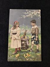 Victorian Easter Greetings Young Girl & Boy Chicks Bunny Antique Postcard Silver picture