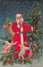 Santa Claus Real Fabric Red Coat Decorated Tree & Angels 1908 Christmas Postcard picture
