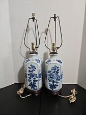  VINTAGE Pair of Japanese Style Floral White & Blue Porcelain Painted Lamps Work picture