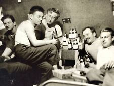 (AdE) FOUND PHOTO Photograph Snapshot Group Military Guys Men Drinking Party Bed picture