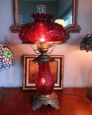 Vintage Floral Gone With The Wind Ruby Red Hurricane Glass Lamp Brass Metal 26
