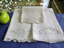 3 Vintage Homespun Linen Guest Towels Hand Cutwork & White on White Embroidery picture