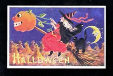 c1909 Intl Art Halloween Postcard Witch Riding Pumpkin Broom,Cat, Haystacks Moon picture