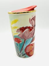 2014 Starbucks Watercolor Floral 10 oz Ceramic Traveler Tumbler Gold Rim Red Lid picture