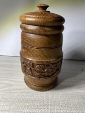 Vintage Small Wood Jar Hand Carved Flowers Container  W/Lid Made in India picture