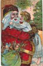 Red Robe Santa Claus with Little Girl~Toys~Antique~Christmas  Postcard ~k266 picture