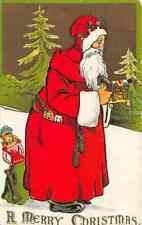Long Red Robe Santa Claus with Doll~ Toys~Antique Christmas-Postcard~k415 picture