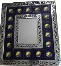 VINTAGE MEXICAN TIN ART BLUE Sun  MIRROR  Rustic Silver picture