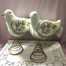 Lot Of 2 White Felt Embroidered Stuffed DOVE  Christmas Tree Toppers picture