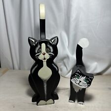 Pair Of Handmade/Painted Wood Black/White Cats Decor 8.5/13”T picture