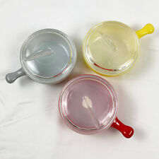 1950s 3 Glassbake Primary Color Lug Handled Soup Bowls w Sharkfin lids picture